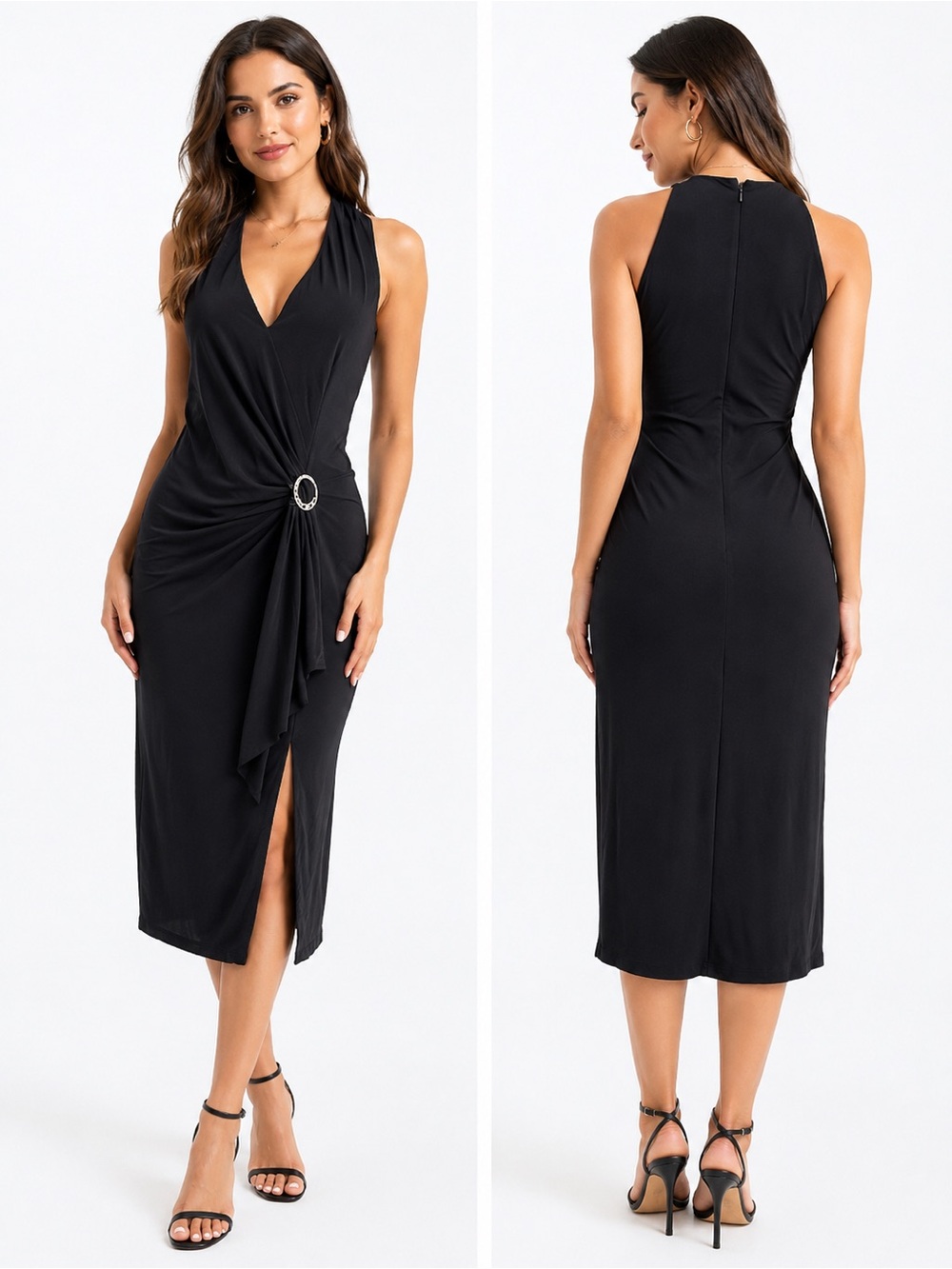Betsy & Adam Black V-Neck Midi Dress with Side Brooch Detail